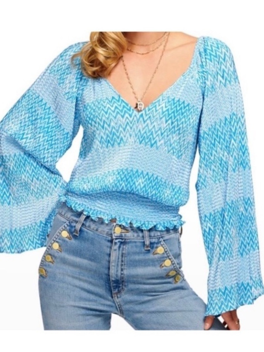 Ramy Brook Sky Blue Chevron V-Neck Smocked Waist Blouse size Medium